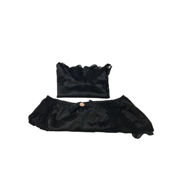 BEWICKED SZ L black satin lace trim cami 2 piece short sleep pajama set NWT 0B1 - Picture 11 of 11